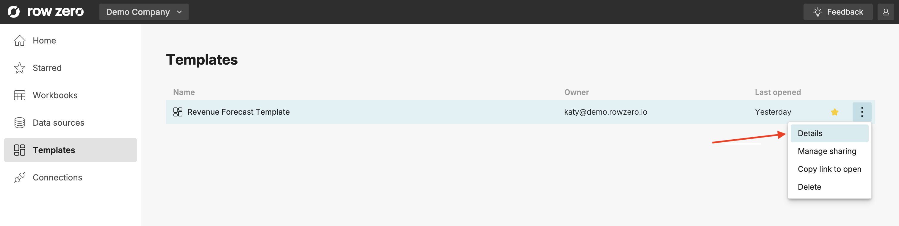 Open template details page