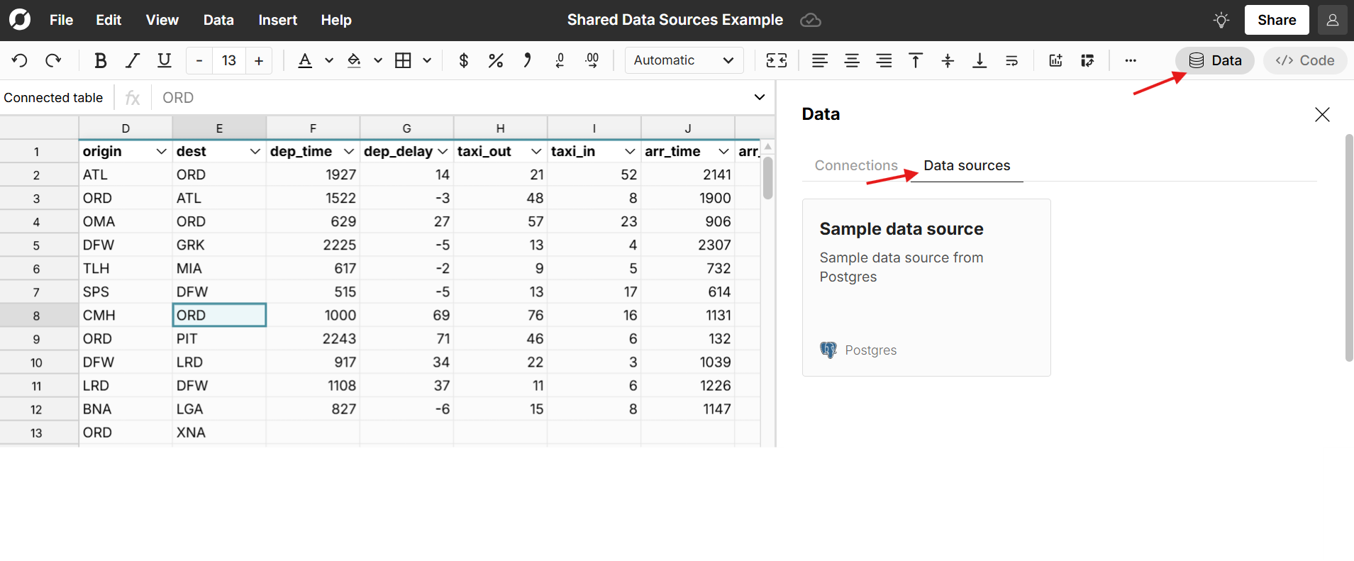 access data source in spreadsheet