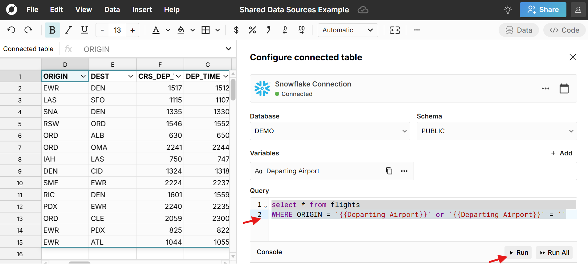 create query variable for data sources in spreadsheet