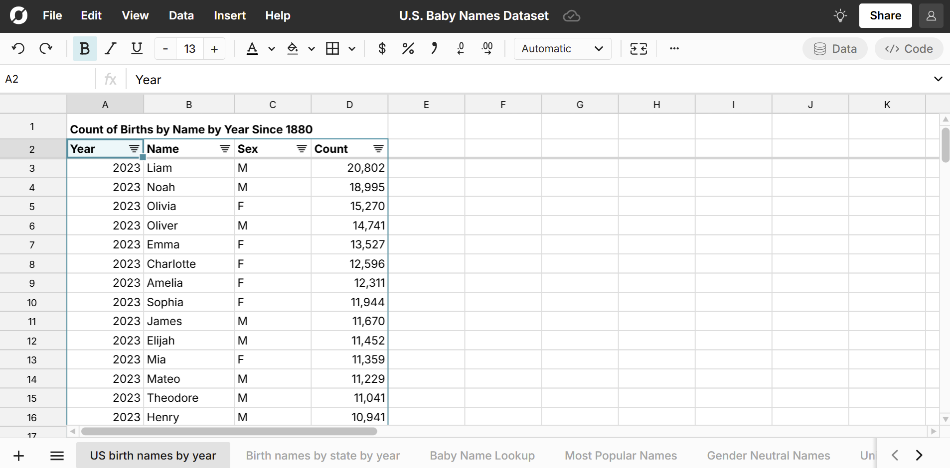 lookup U.S. baby names by year in a spreadsheet