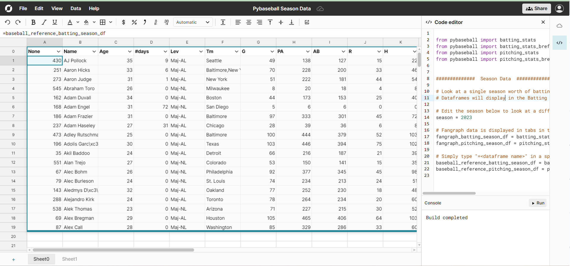 Baseball Reference 2023 Spreadsheet