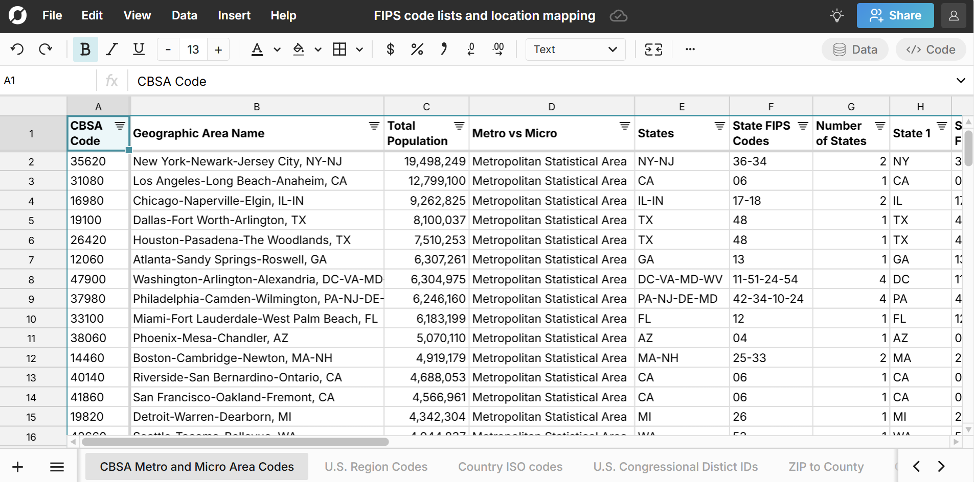 CBSA code lookup in a spreadsheet