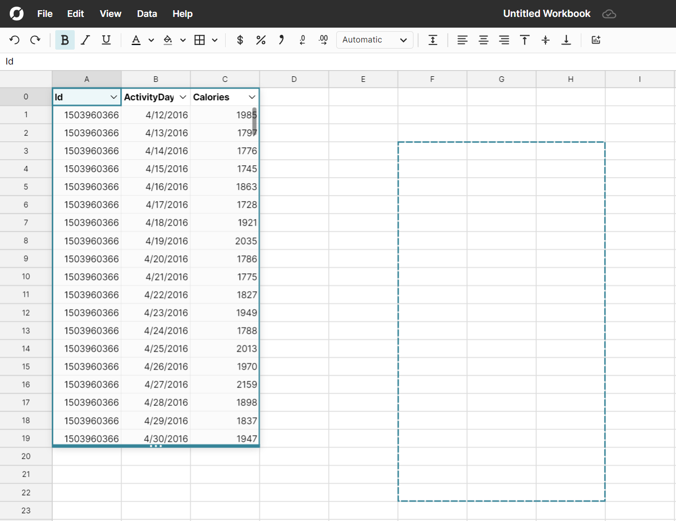 click and drag a data table