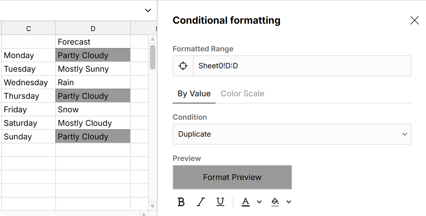 duplicate conditional formatting in spreadsheet