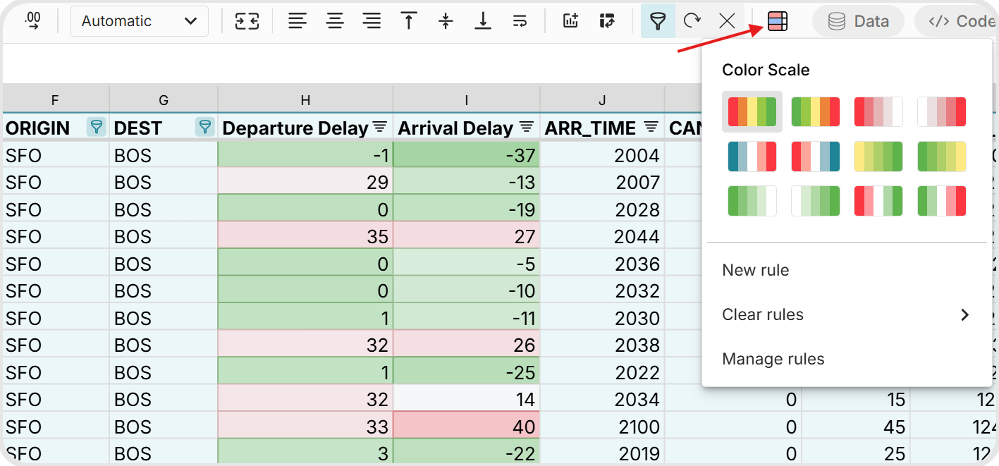 conditional formatting spreadsheets in Row Zero