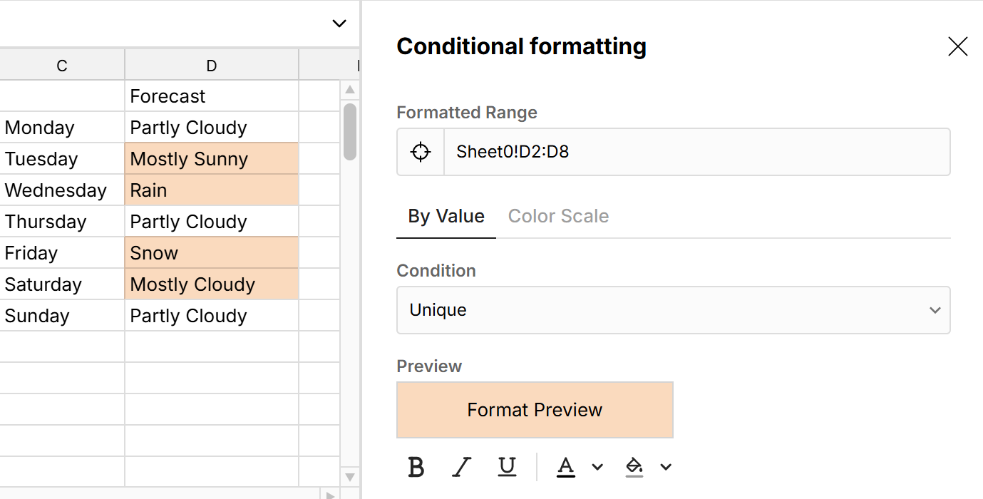 conditional formatting unique values in spreadsheet