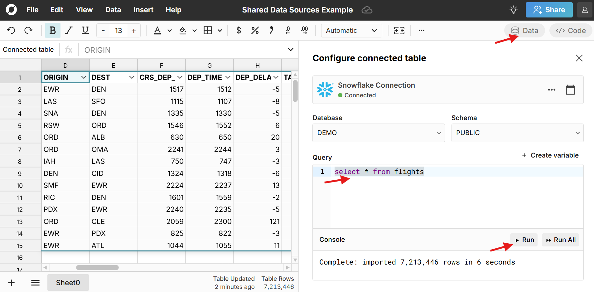 connect spreadsheet to snowflake