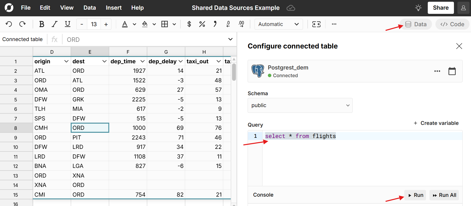 connect spreadsheet to postgres database