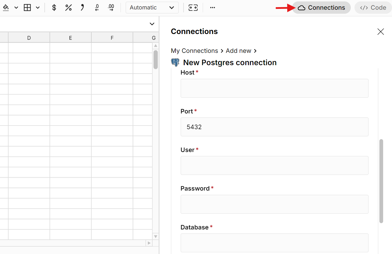 connect postgresql to spreadsheet