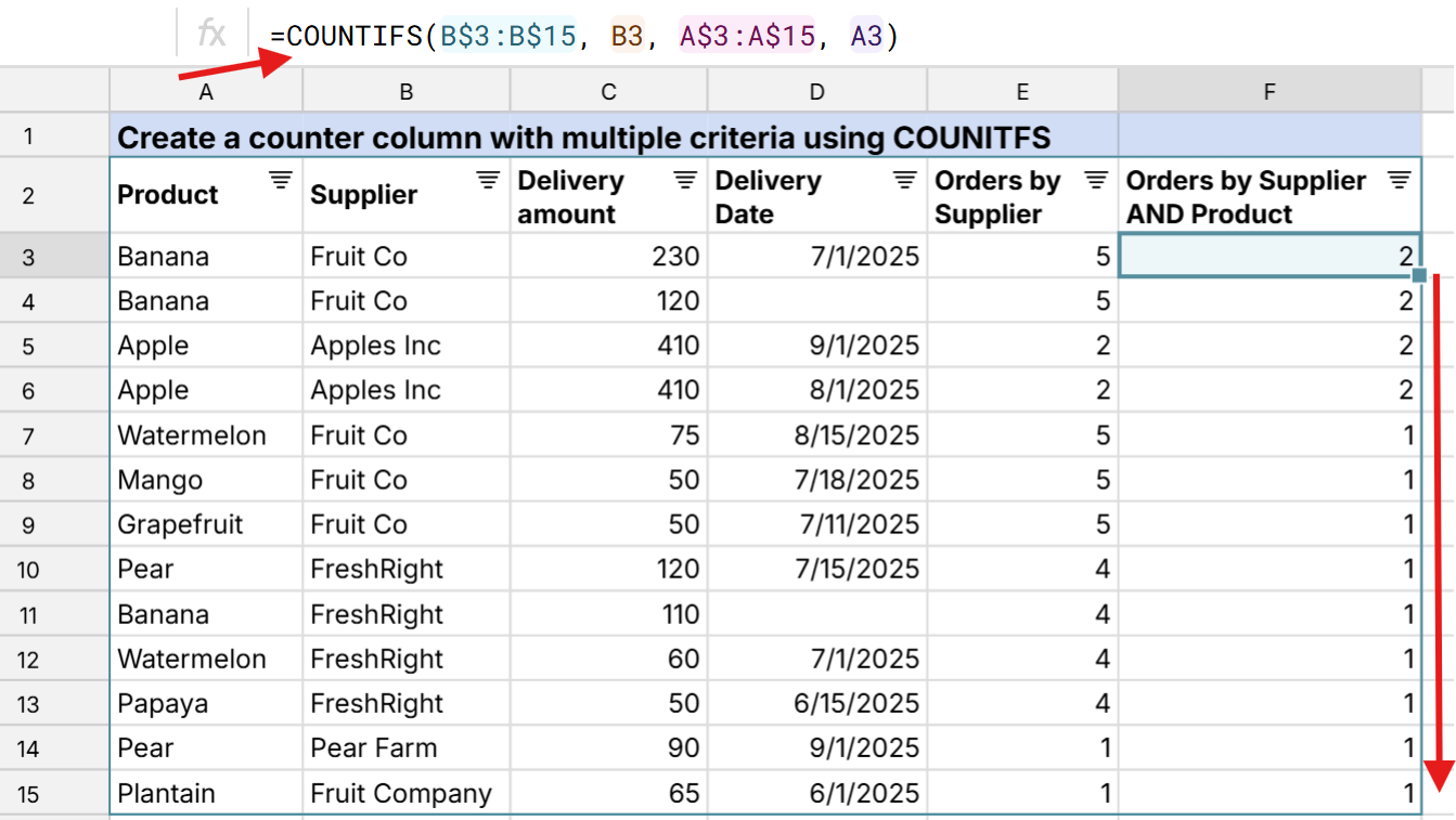 counter column with multiple criteria using COUNTIFS