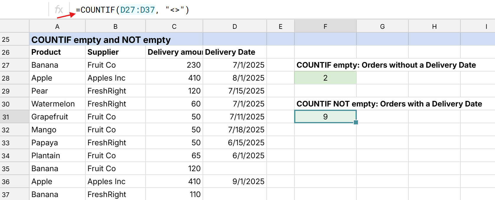 countif not empty example