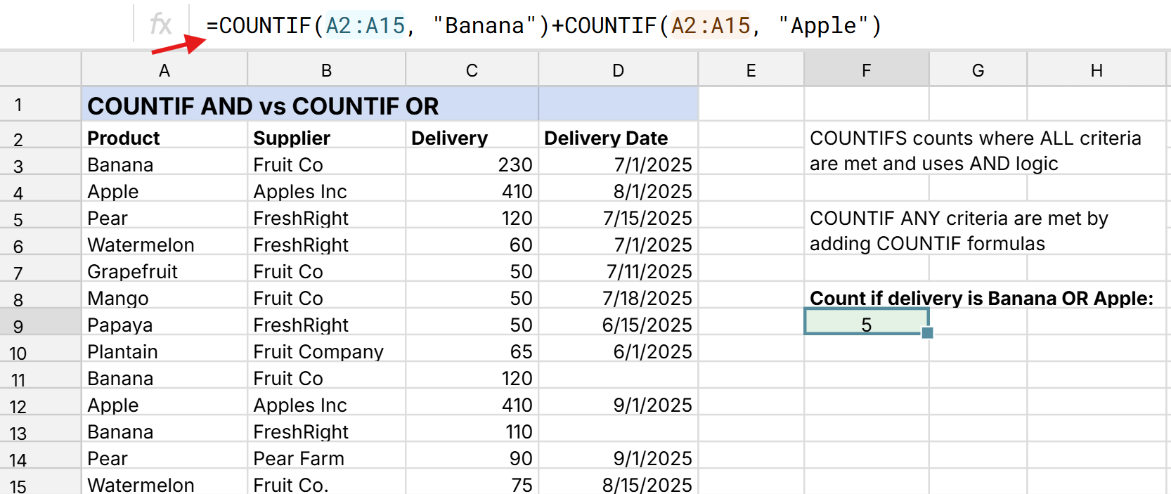 countif any by adding COUNTIF formulas