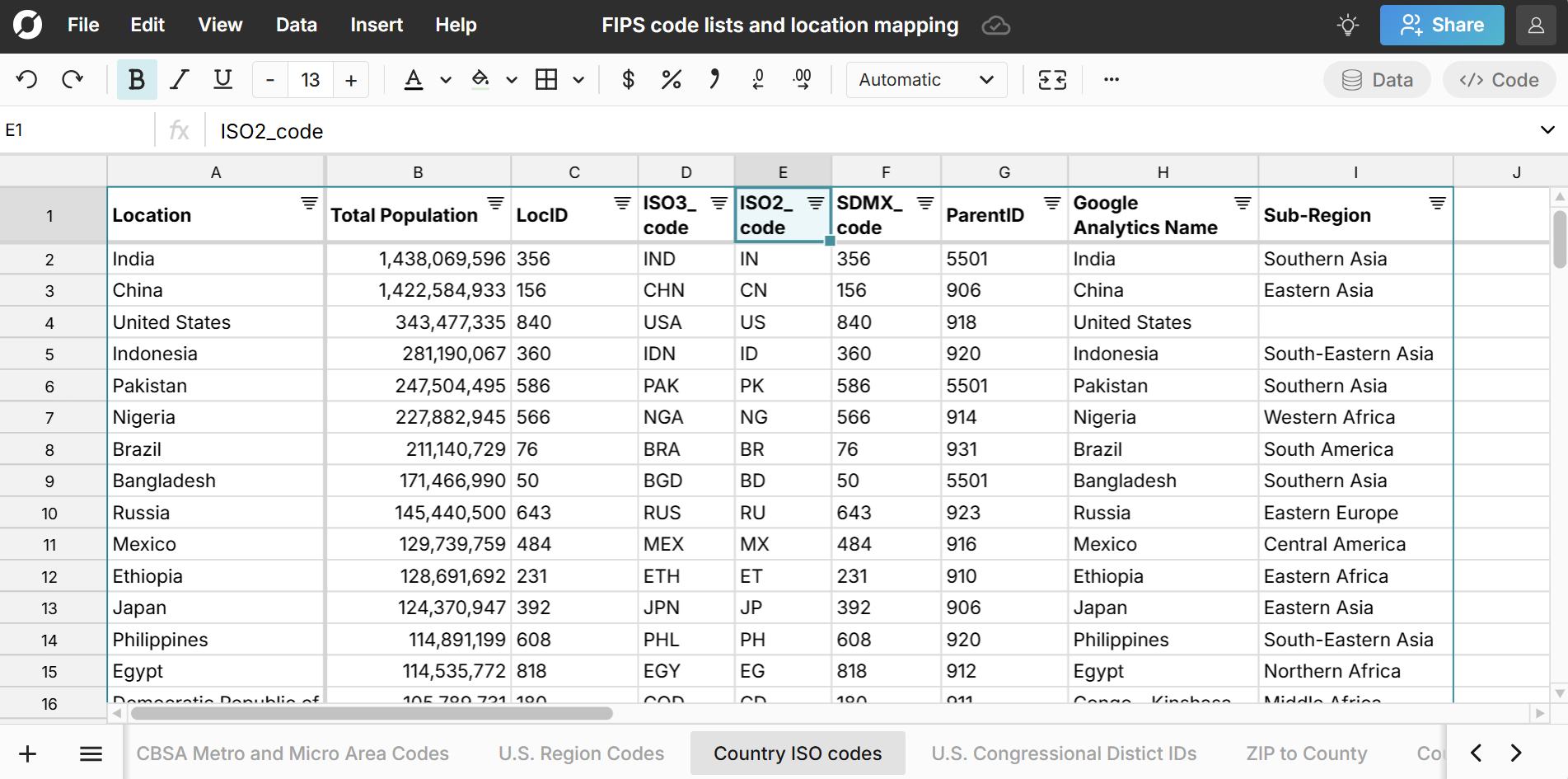 country ISO code lookup in a spreadsheet