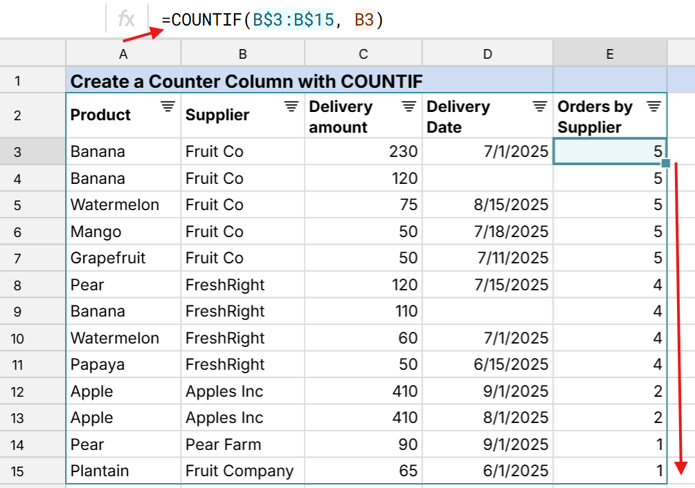 create counter column with COUNTIF to count and sort