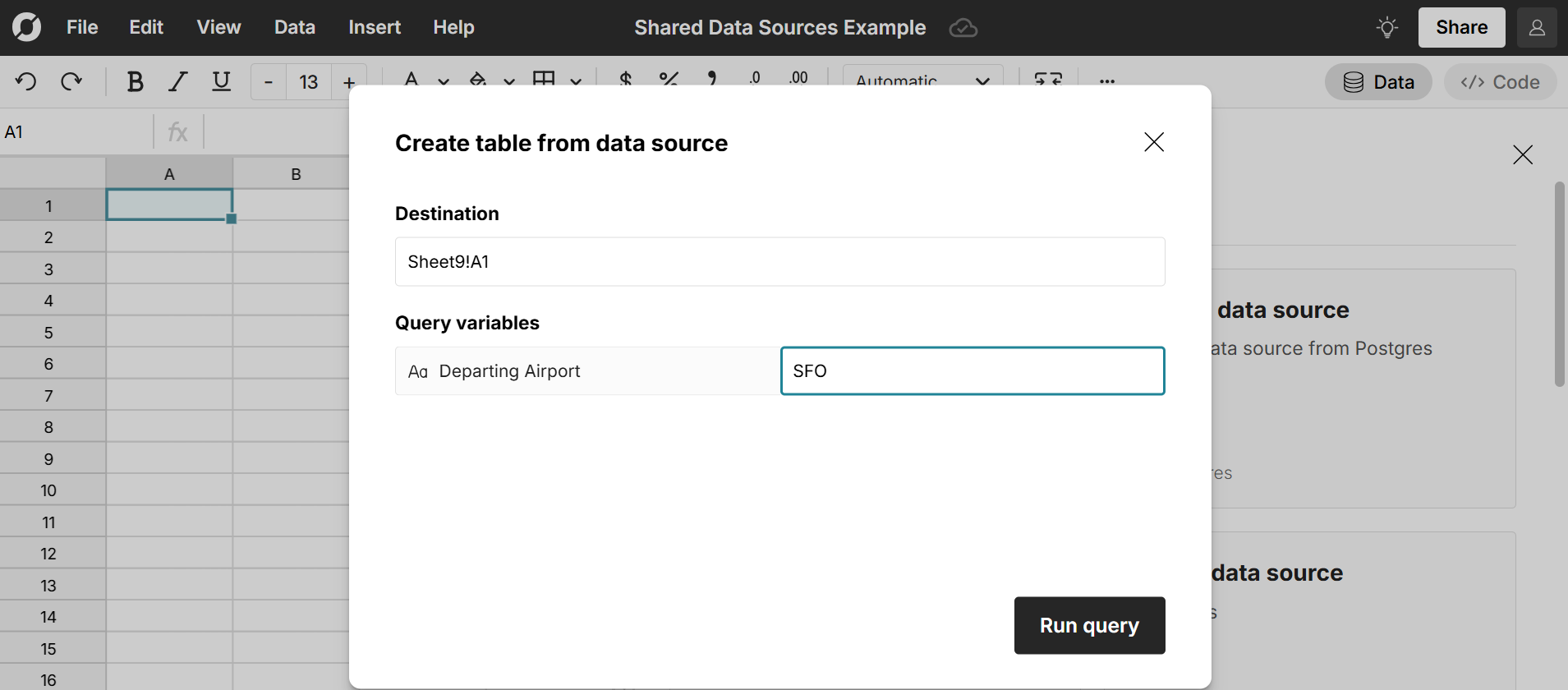 create spreadsheet from data source with query variable