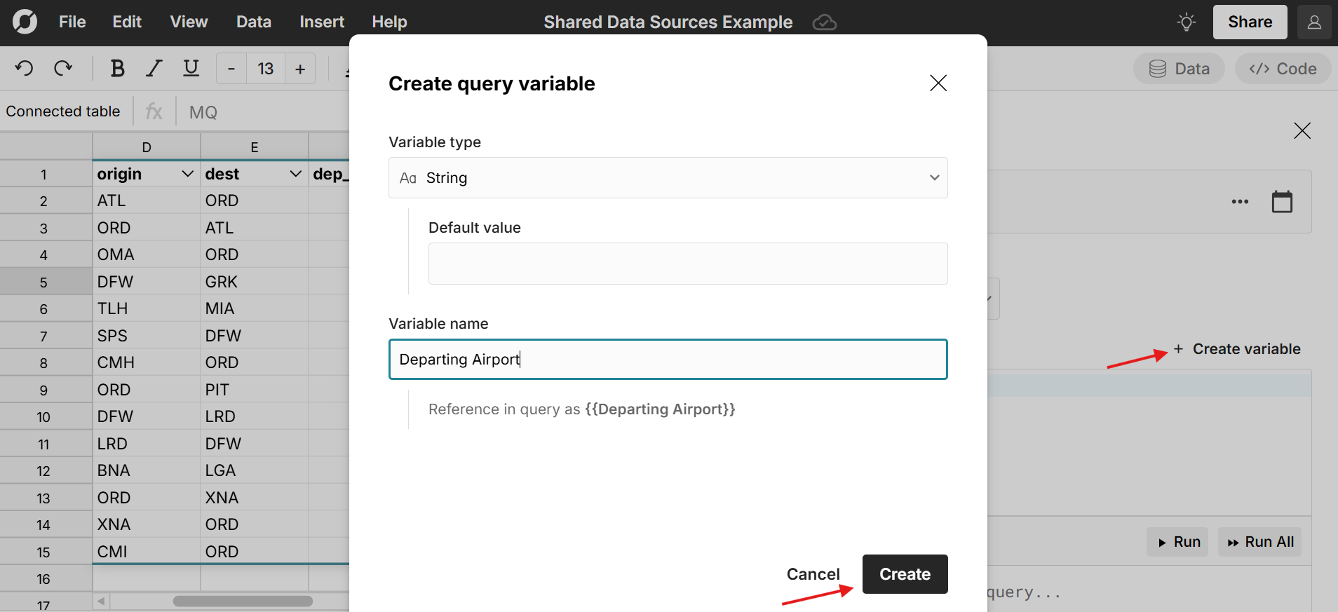 create query variable for data sources in spreadsheet