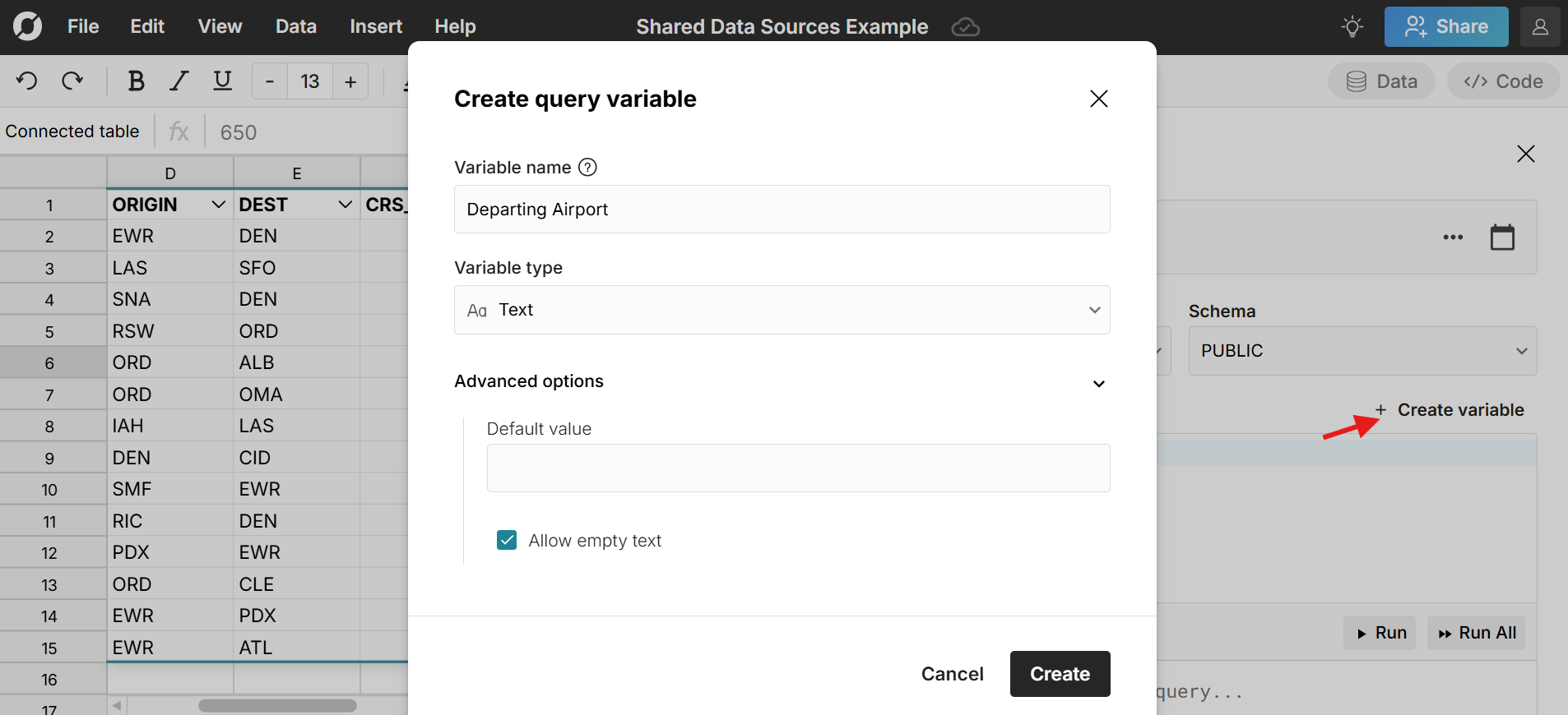 create query variable for data sources in spreadsheet