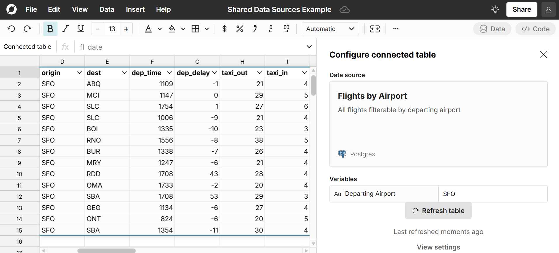 create spreadsheet with query variable