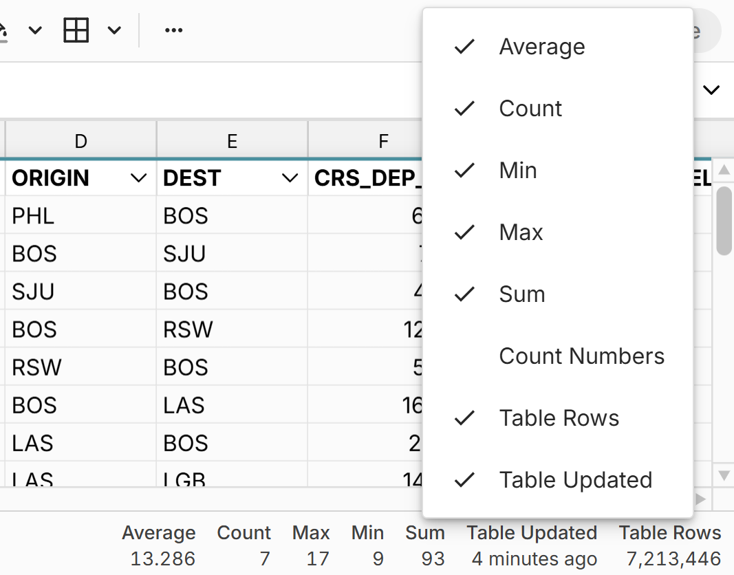 customize data table summary in spreadsheet