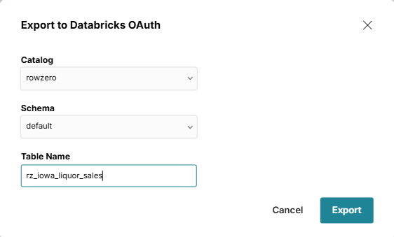 Enter table name for export to data warehouse