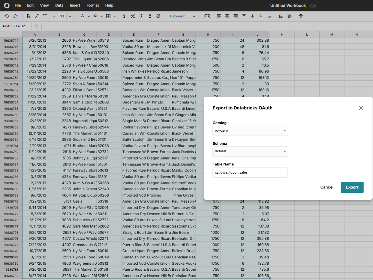 Enter table database and scheme for export to data warehouse