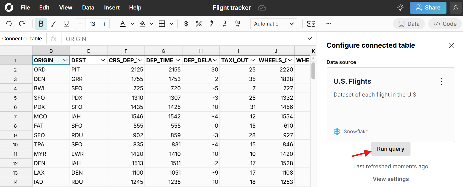 spreadsheet connected to data source