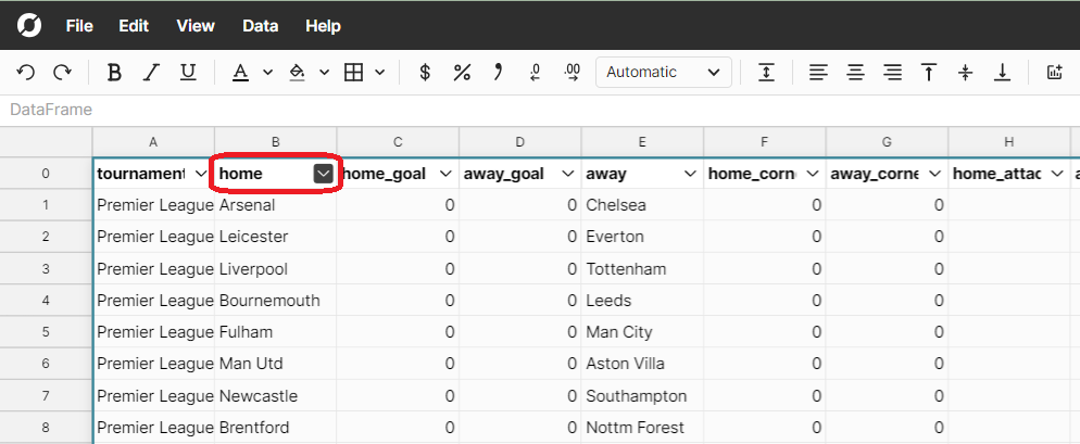 Data table column menu