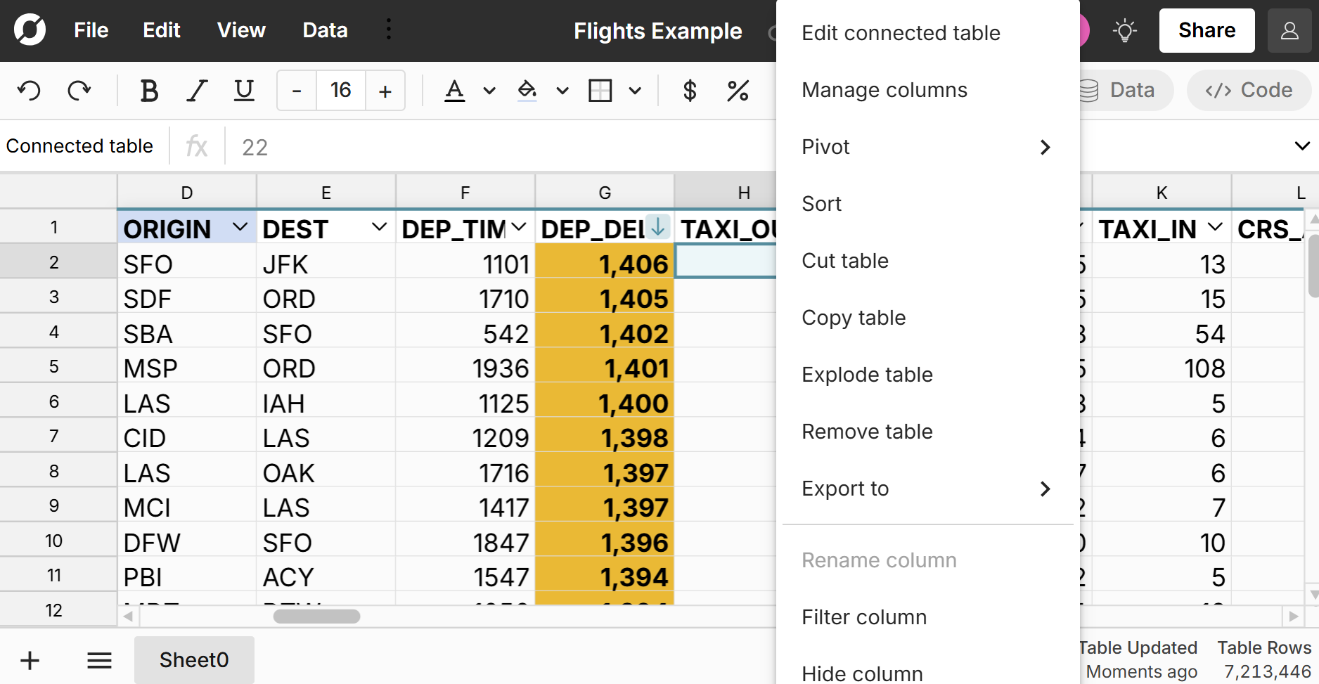 format data tables in Row Zero