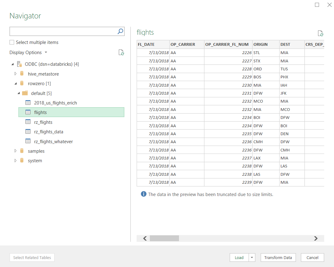 select and load Databricks data