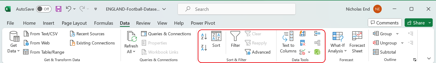 Excel data menu