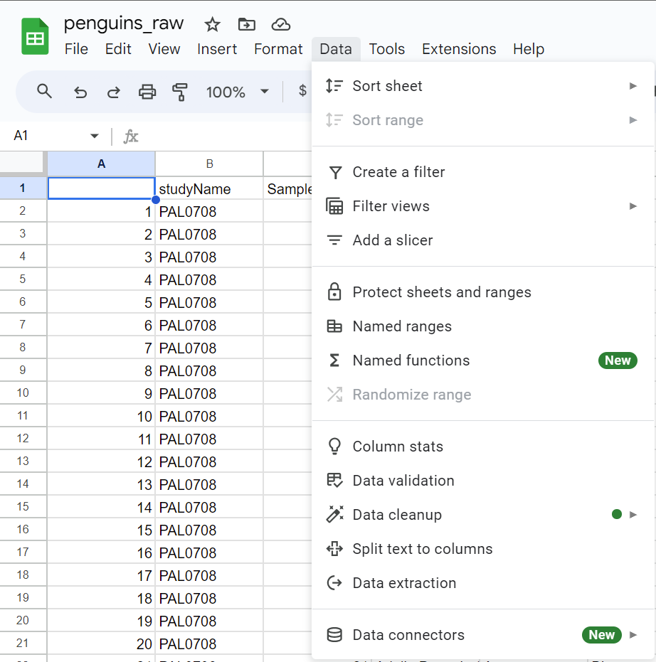 google sheets data menu