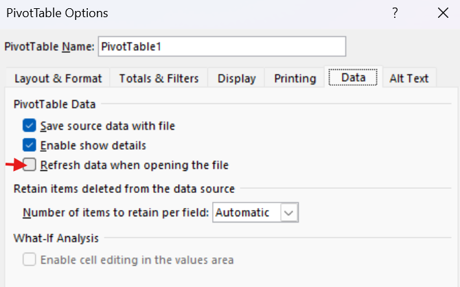 Excel update pivot table on open