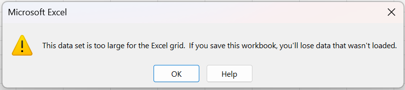 Data set is too large for the excel grid