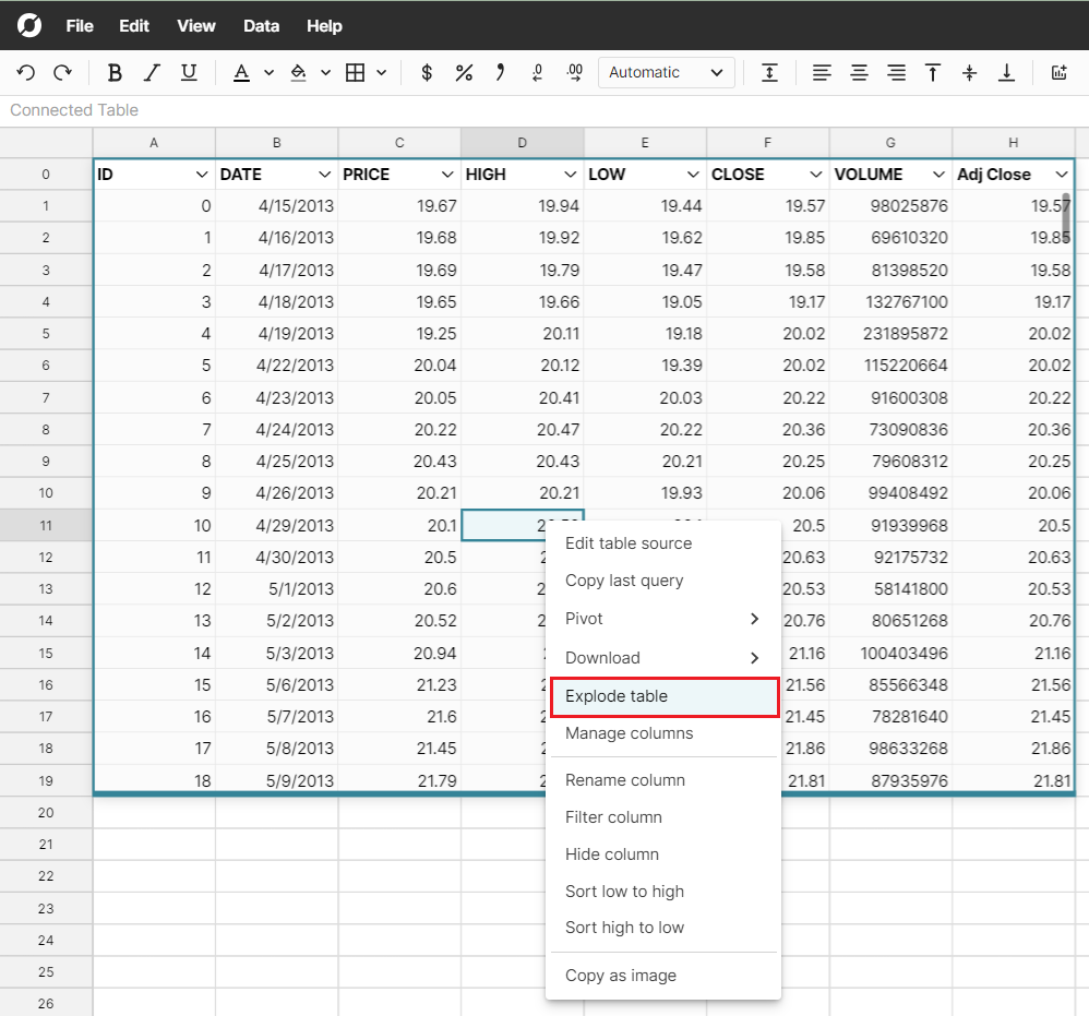 Explode data table