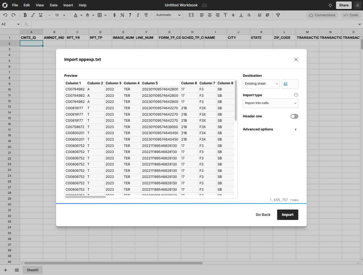 FEC data import to Row Zero