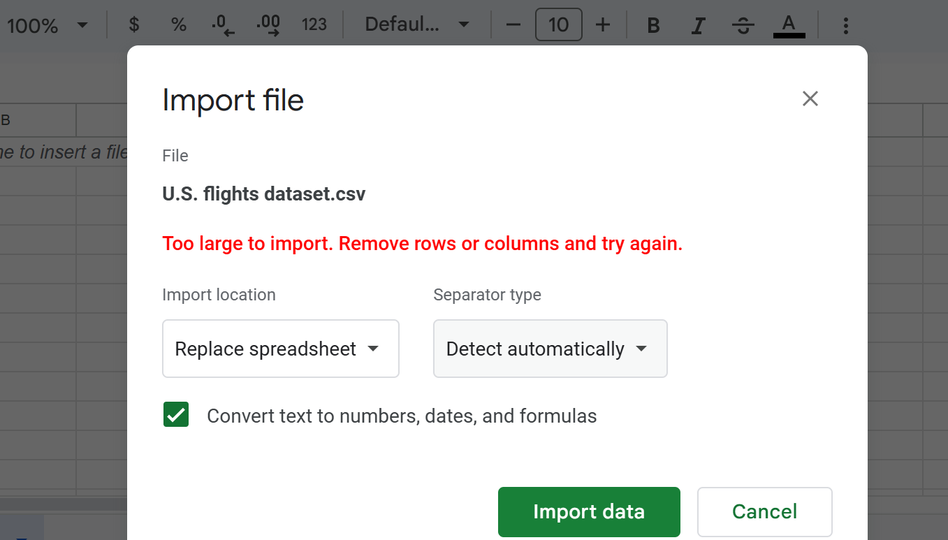 file too large to import Google Sheets