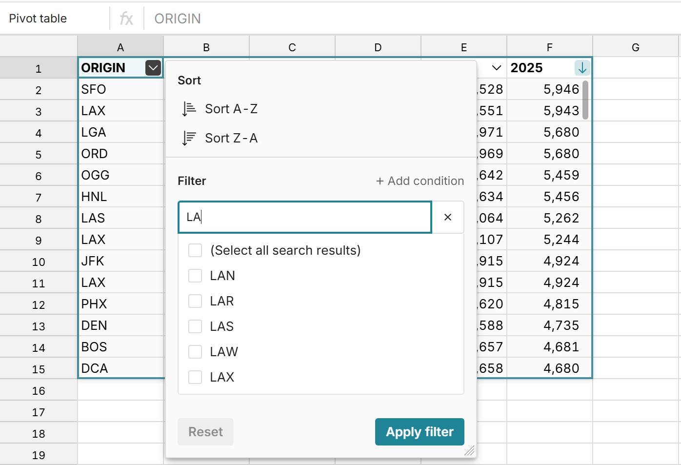 filter and sort pivot table