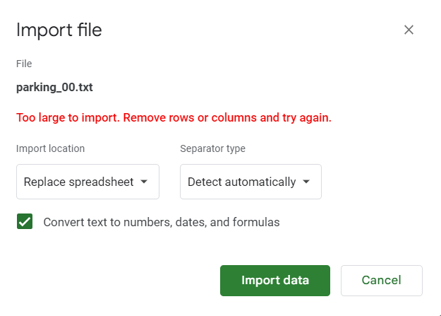 google sheets import too big