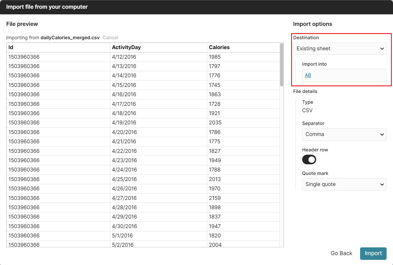 Import to specific cell