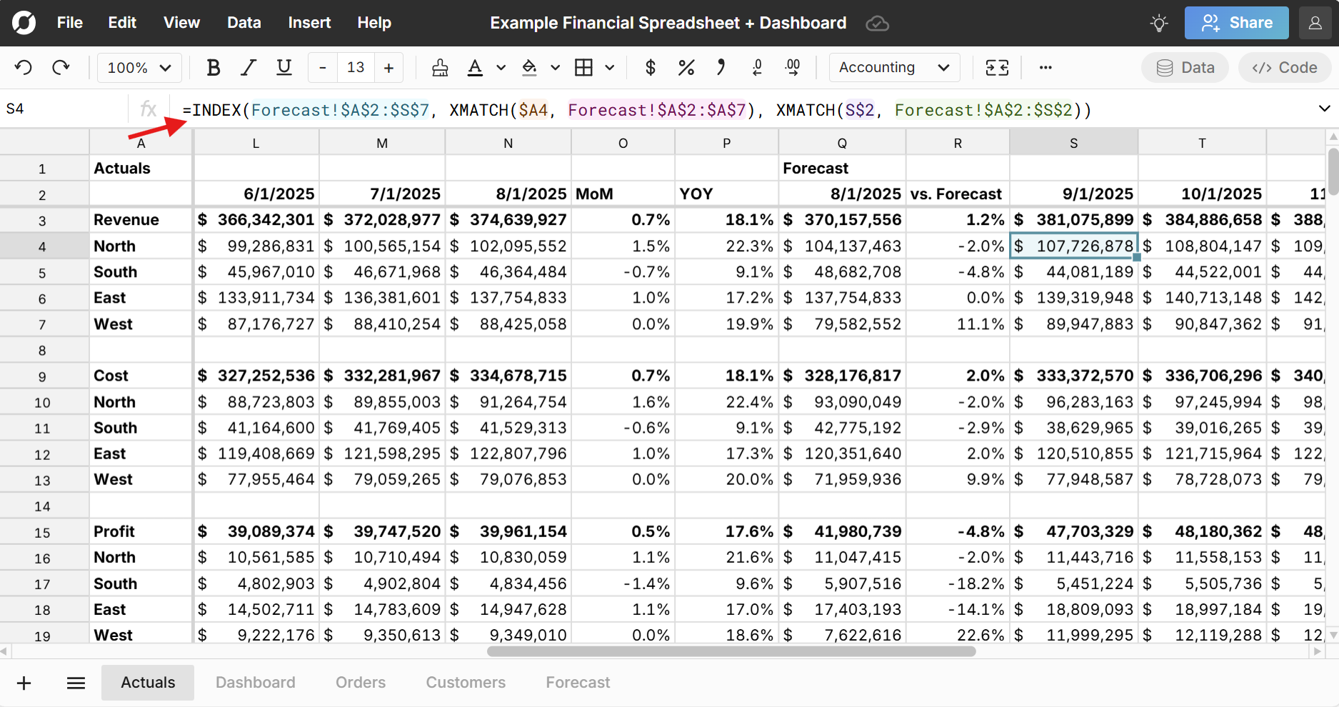 example index match formula in spreadsheet