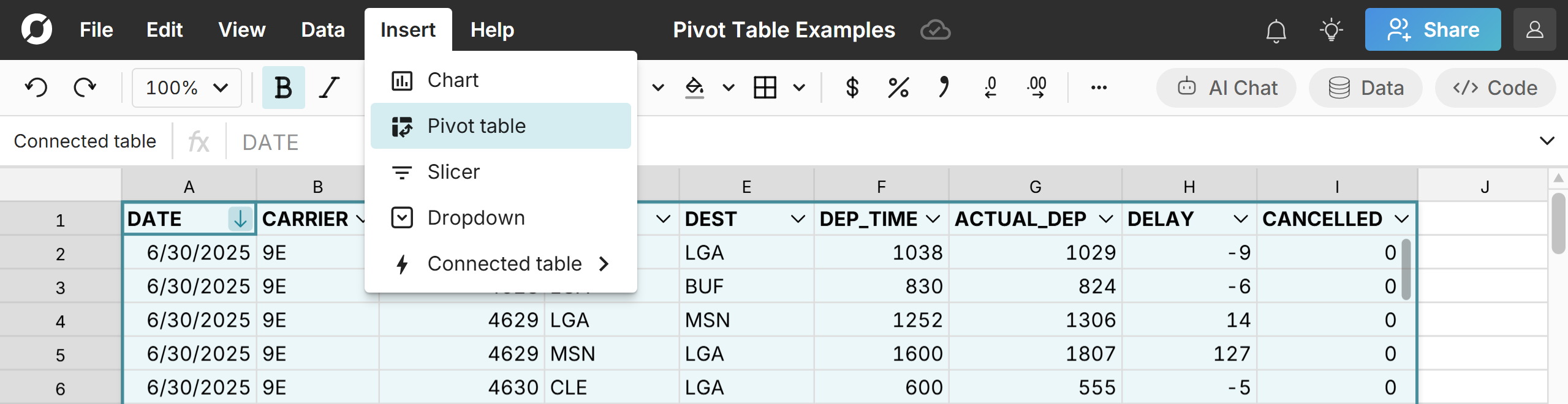 insert pivot table