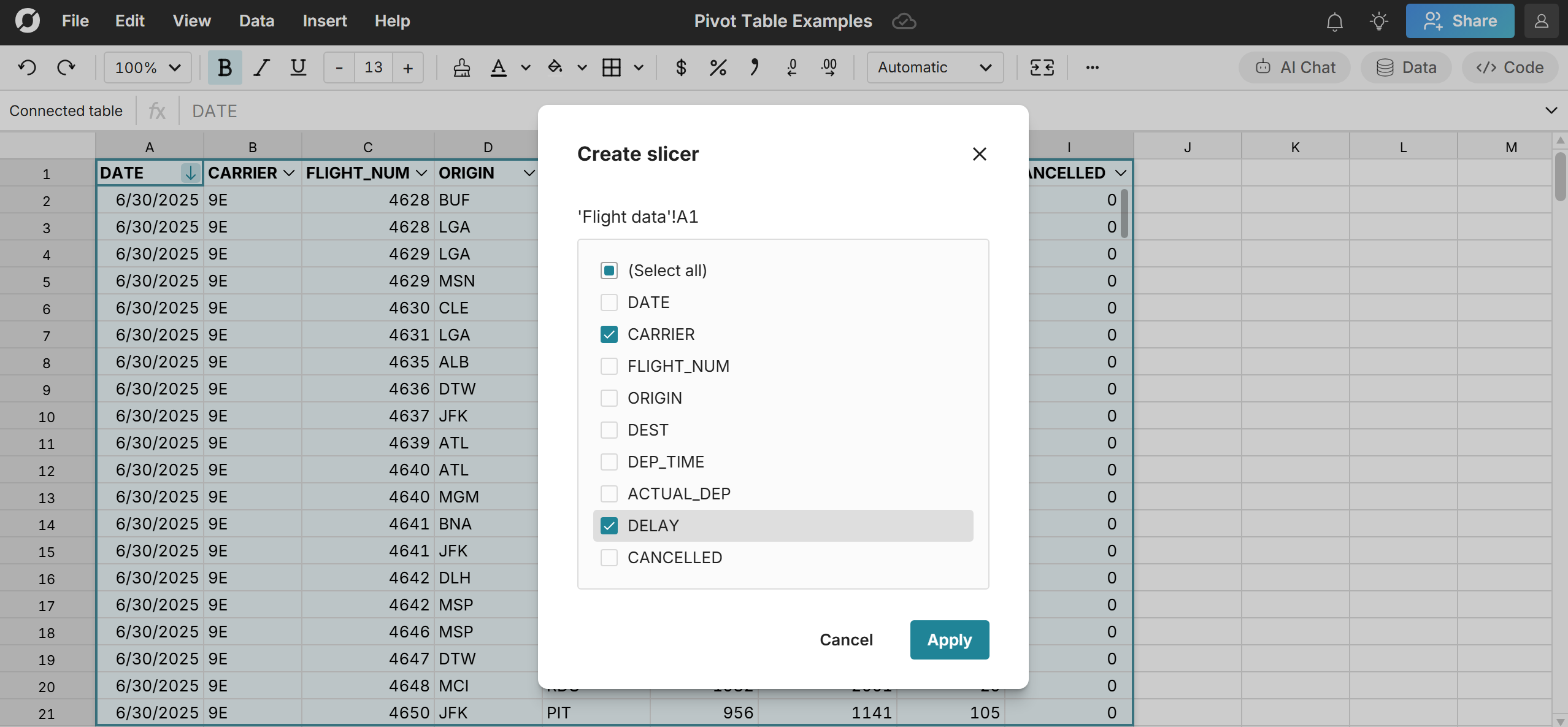 create multiple pivot slicers in spreadsheet 