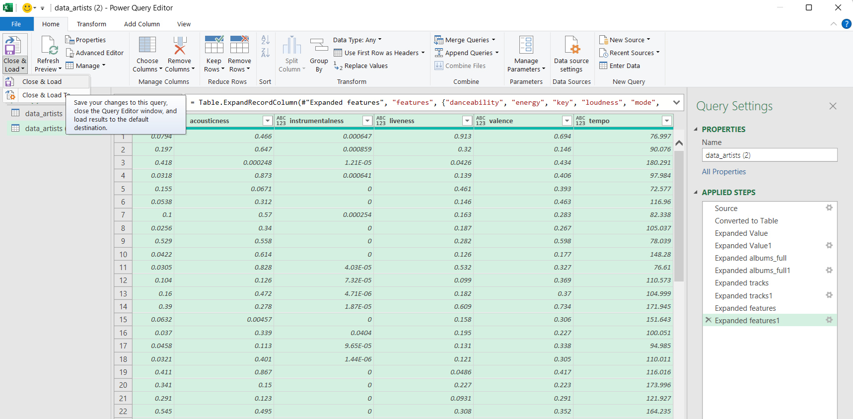 JSON Excel Close Load