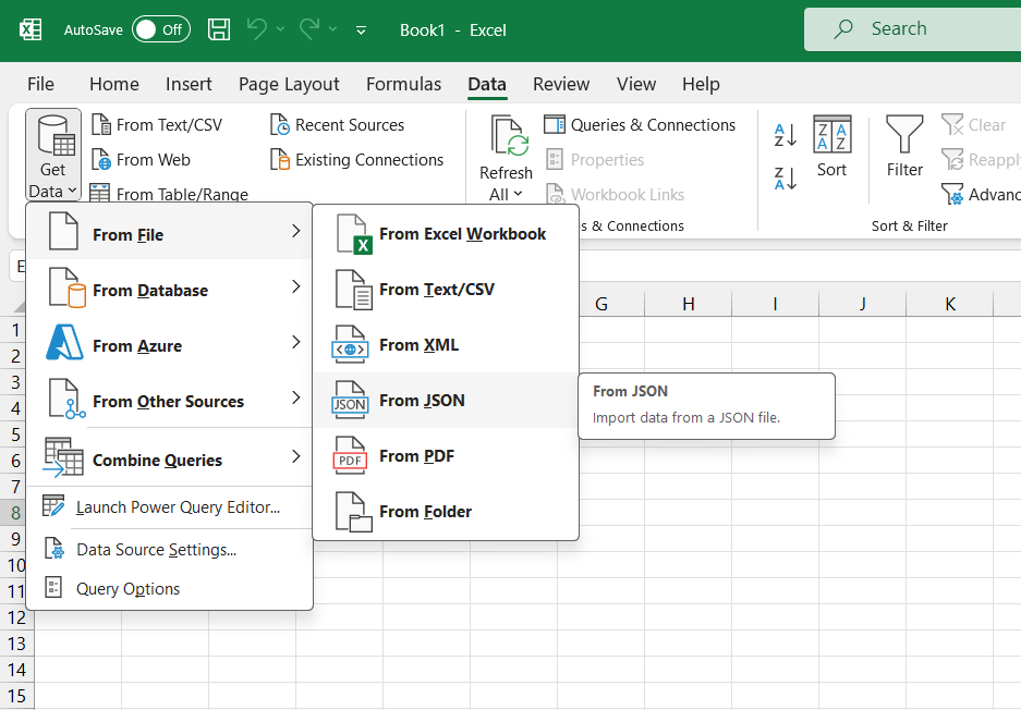 Excel data menu