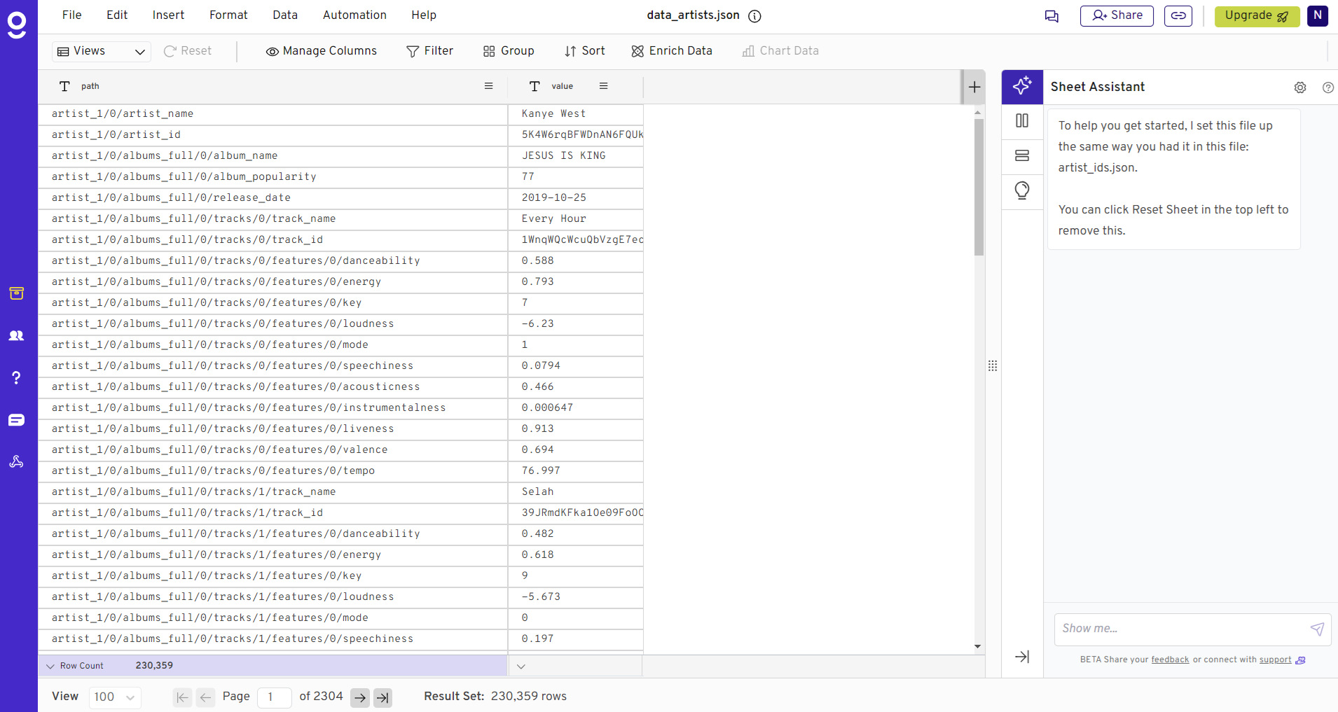 Gigasheet JSON file