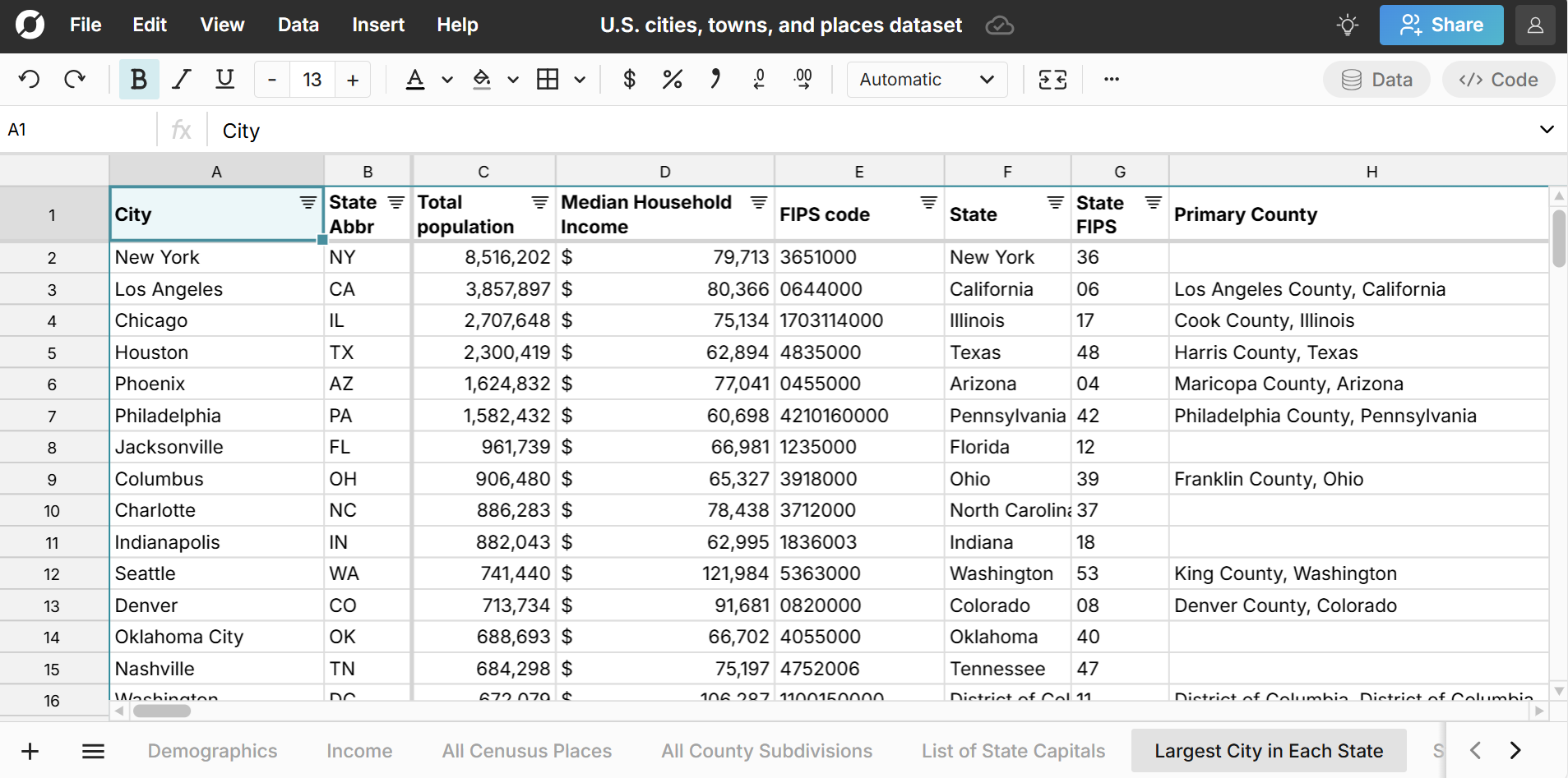 largest city by state in a spreadsheet