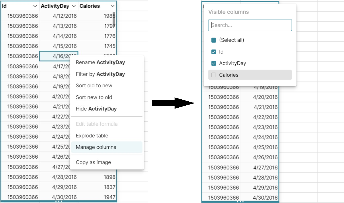 Manage hide columns