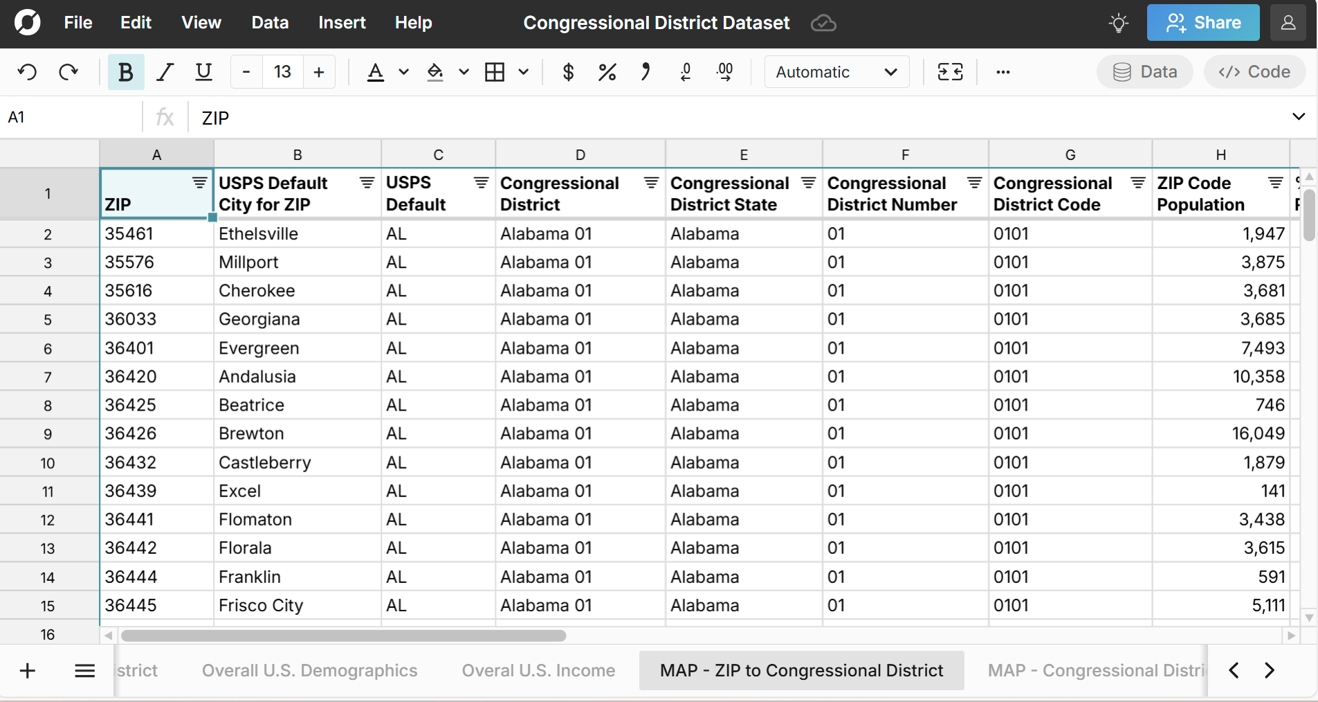 map zip code to congressional district in a spreadsheet