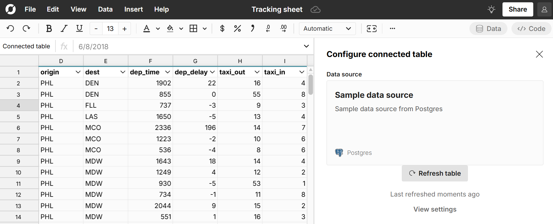 spreadsheet connected to data source