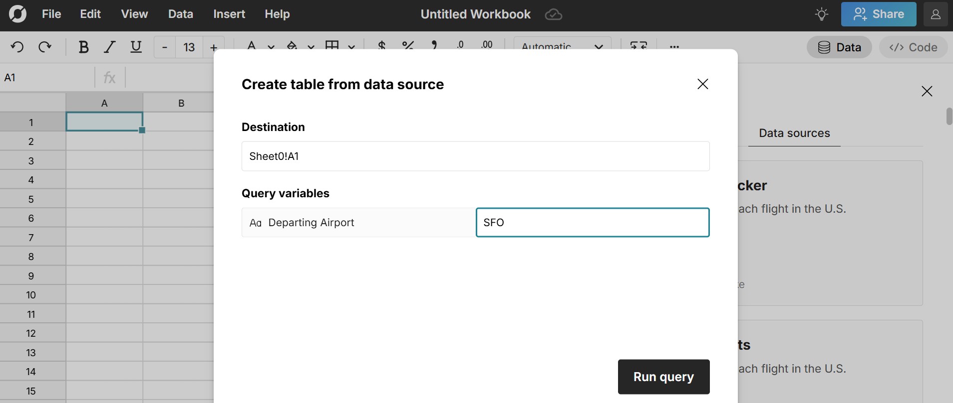 create spreadsheet from data source with query variable